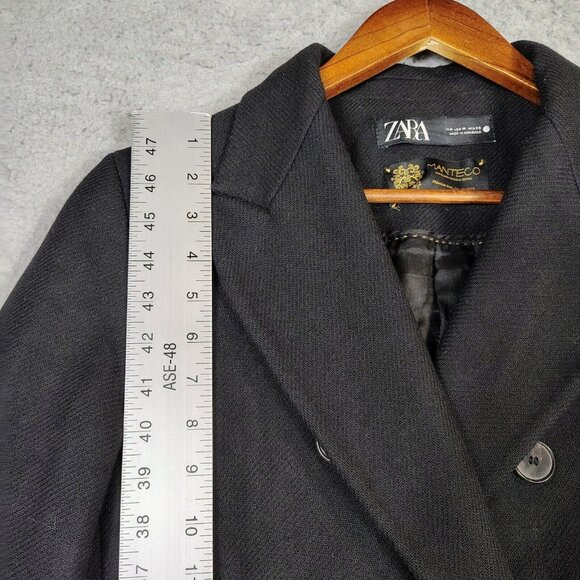 Zara Manteco Trench Coat Women's Medium Black Wool Double Breasted Long Peacoat - Picture 8 of 13
